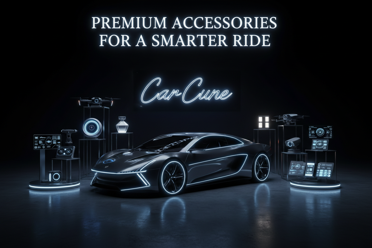 A futuristic luxury car displayed in a dark, high-end showroom environment, surrounded by premium smart car accessories such as LED lights, digital displays, smart chargers, perfumes, cameras, and gadgets. The car looks modern and intelligent with subtle glowing light effects highlighting the accessories. Above the scene, the heading "Premium Accessories for a Smarter Ride" is displayed in stylish, luxurious typography. The brand name "Car Cune" is clearly visible on a glowing display board or neon sign in 