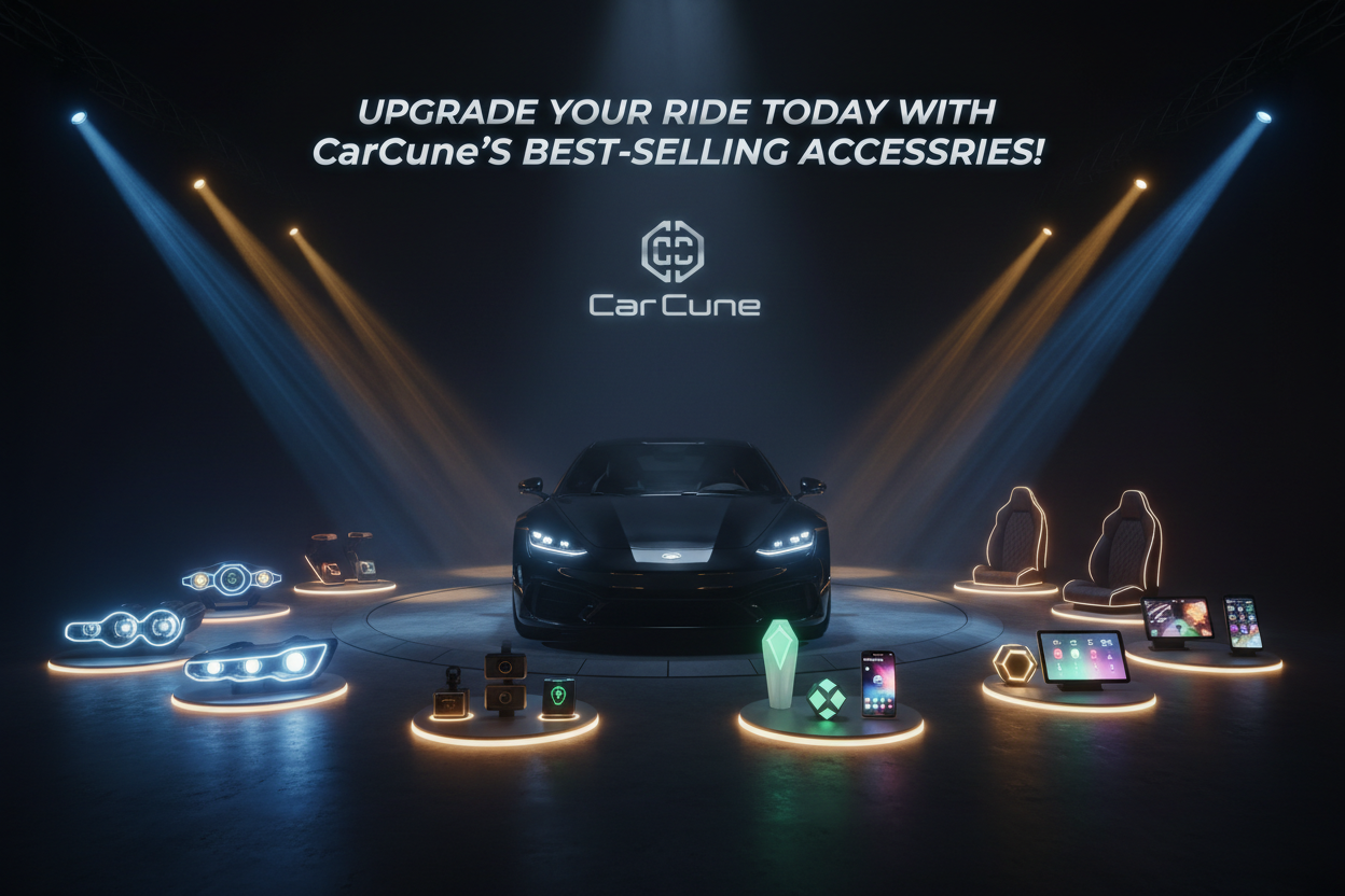 A luxury car displayed in a dramatic dark showroom environment with bright cinematic lighting. Around the car, best-selling car accessories are highlighted, including LED headlights, cameras, charging devices, seat covers, air fresheners, and smart gadgets. The accessories are glowing subtly to show premium quality and popularity. At the top of the image, the heading "Upgrade Your Ride Today with CarCune’s Best-Selling Accessories!" is displayed in bold, modern typography. The brand name "Car Cune" is shown