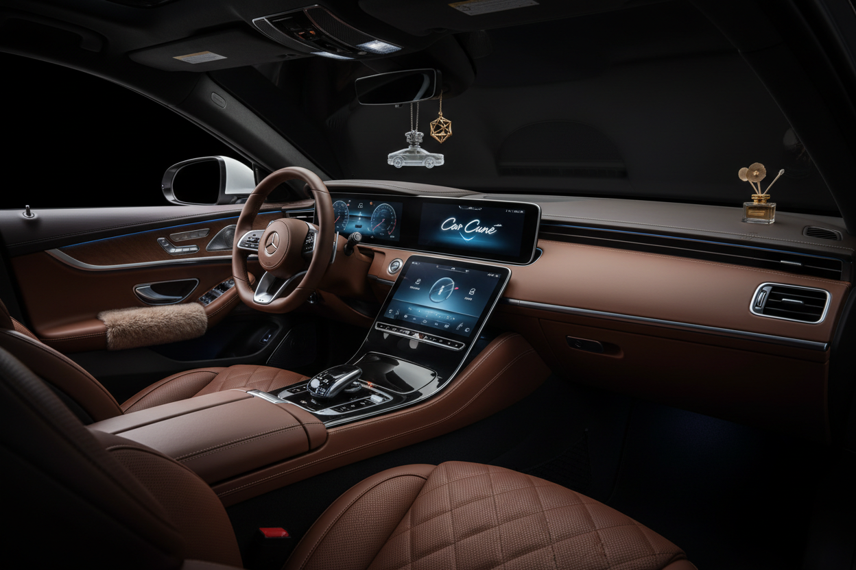 A luxury car interior displayed in a dark, cinematic environment. Soft ambient lighting is glowing inside the car, creating a cozy and premium feel. Only the car interior is visible in the frame, with detailed dashboard, steering wheel, and leather seats. Through the side mirror and window reflection, car interior accessories like hanging perfumes and decor items are visible. The brand name "Car Cune" is subtly glowing on the dashboard screen or displayed stylishly inside the car. The background is complete